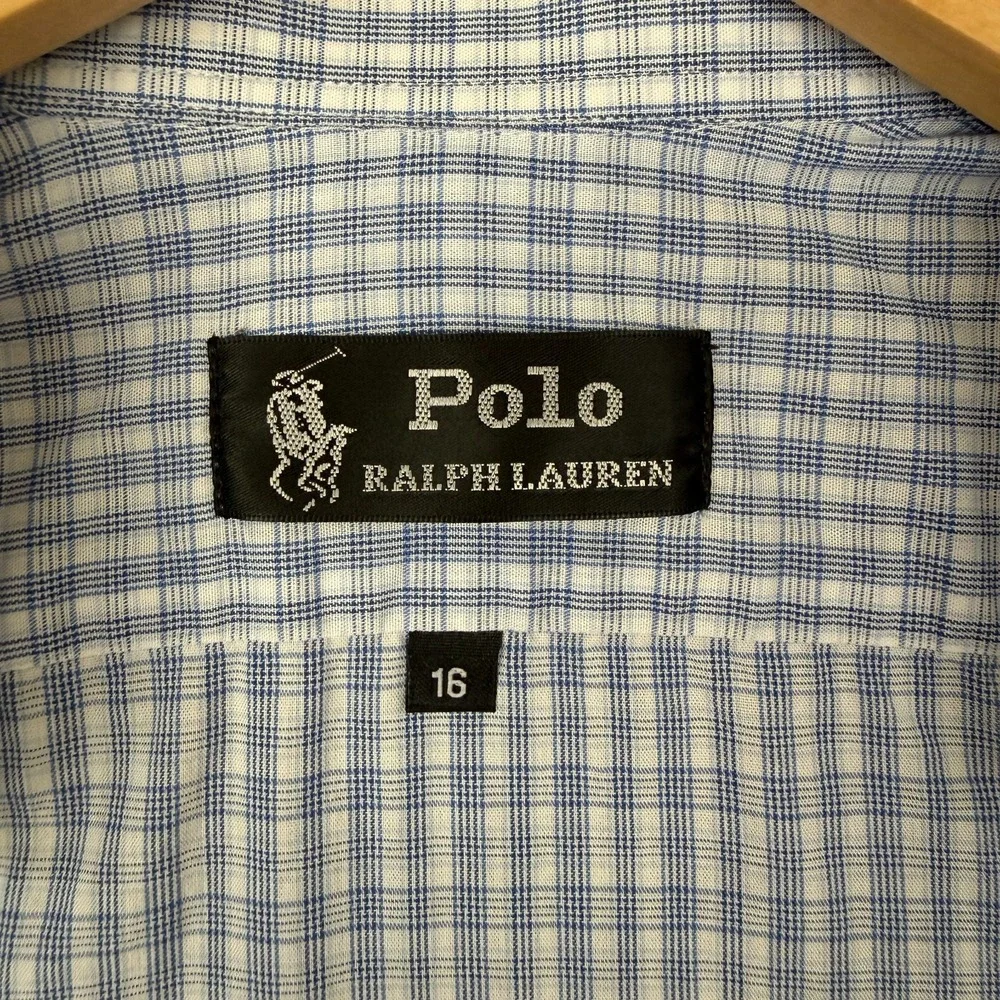 Polo Ralph Lauren Oxford Dress Shirt Men's Size 16‎ Blue Check Plaid Classic Fit